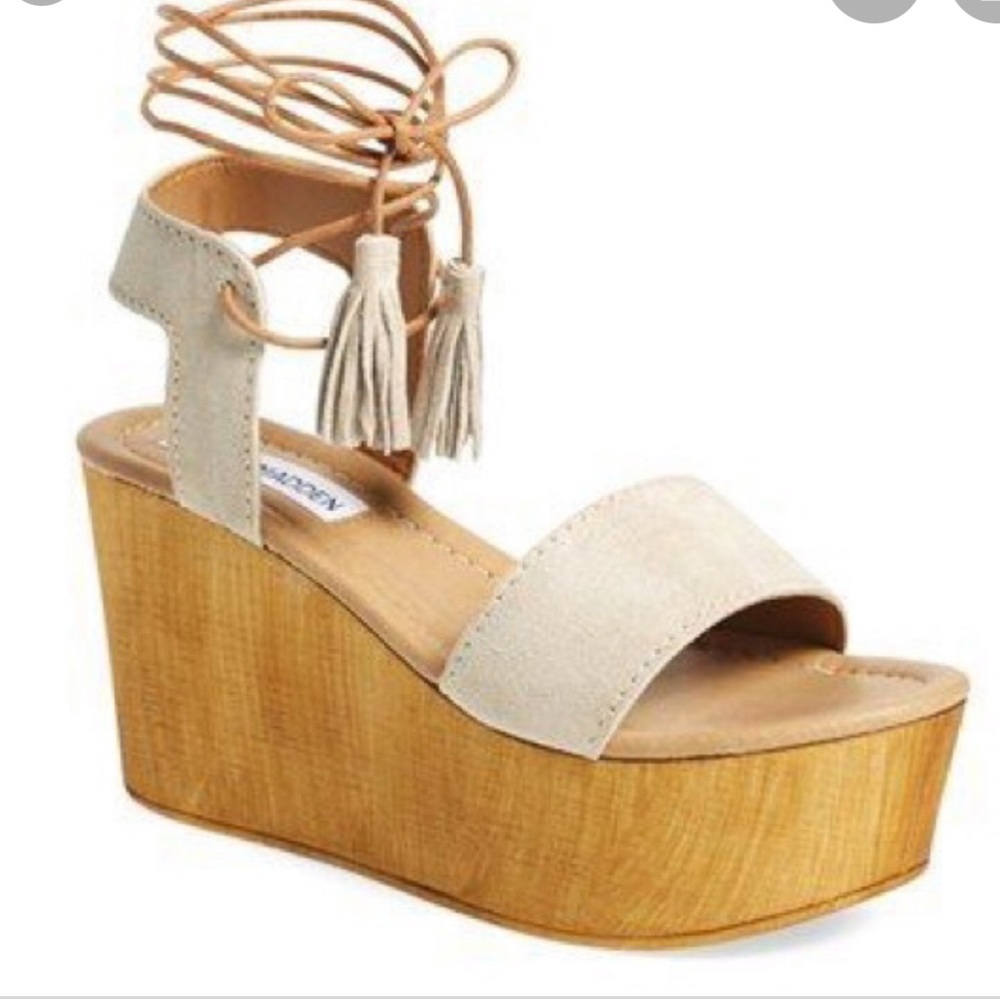 steve madden wooden wedge with tassel lace up
